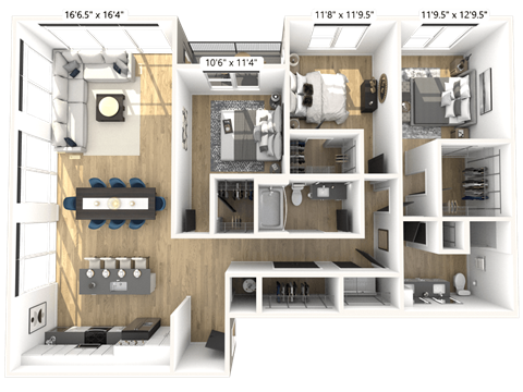 Floor plan for 3 beds, 2 baths, 1663 sqft